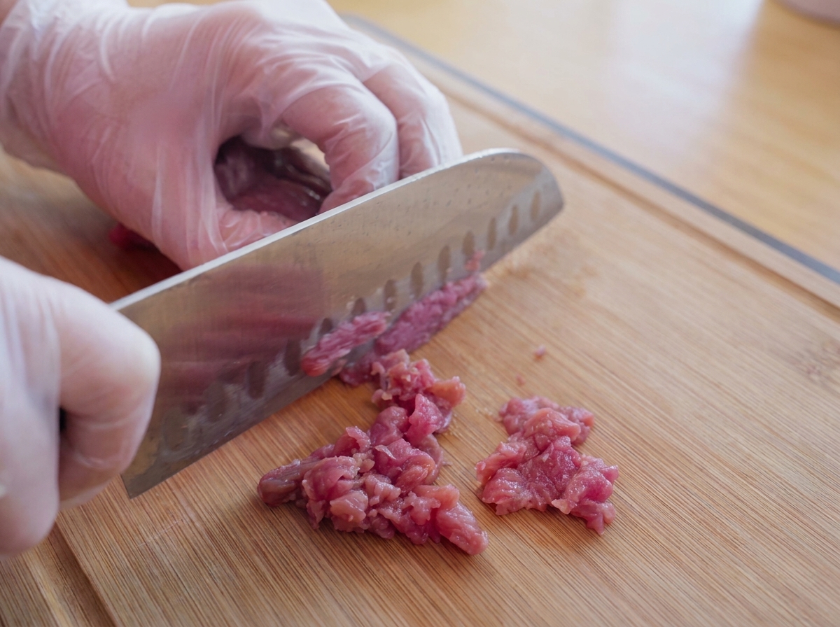 Una mano con un guanto che tiene un coltello per tagliare il manzo crudo a cubetti su un tagliere di legno.