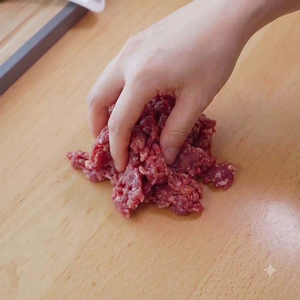 Una mano che mescola il manzo crudo a cubetti con gli ingredienti della marinata su un tagliere di legno.