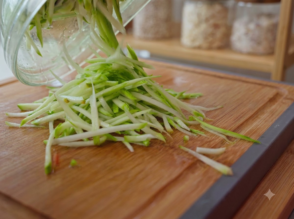 Strisce fresche di zucchine e carote che scivolano da una ciotola di vetro su un tagliere di legnocite: 1.