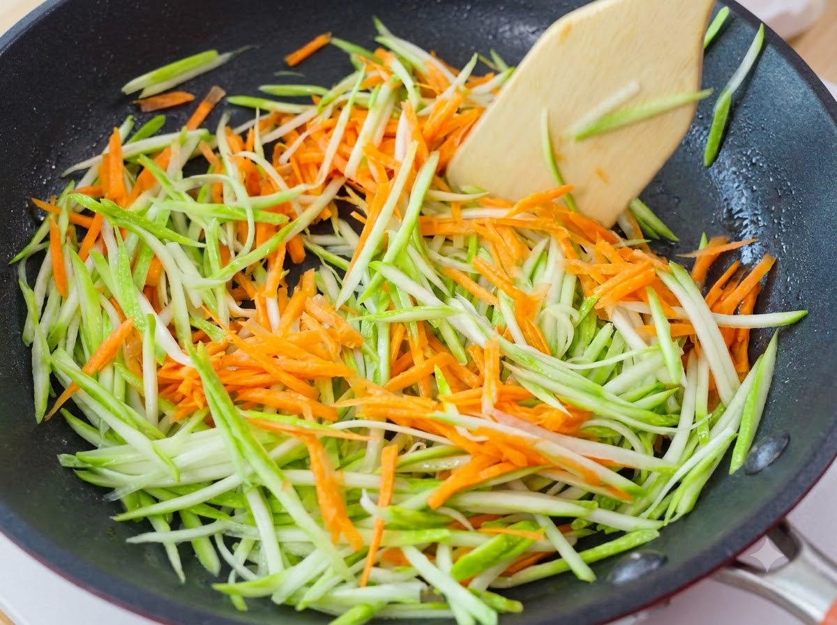 Strisce di zucchine verdi e strisce di carote arancioni saltate in padella con una spatola di legno.