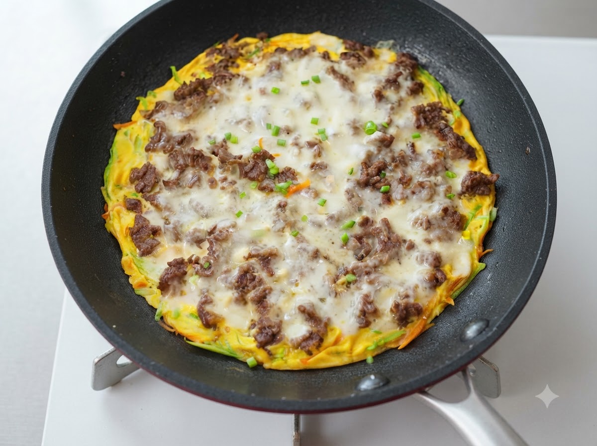 Una frittata di manzo, zucchine e formaggio cotta in padella, guarnita con formaggio fuso e cipollotti tritati.