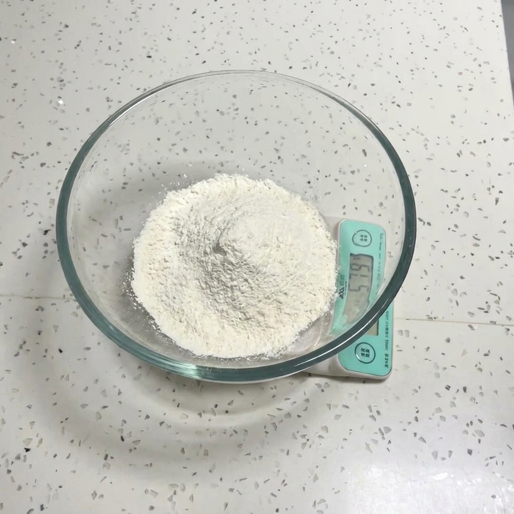 Un miscelatore in vetro trasparente contenente farina bianca posto su una bilancia da cucina digitale.