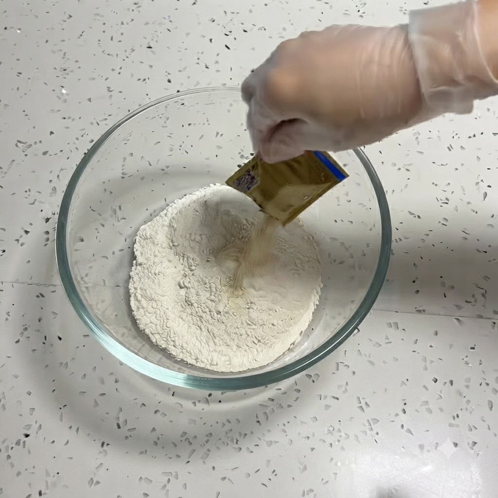 Una mano con un guanto versa del lievito in polvere da una bustina in una ciotola di farina.