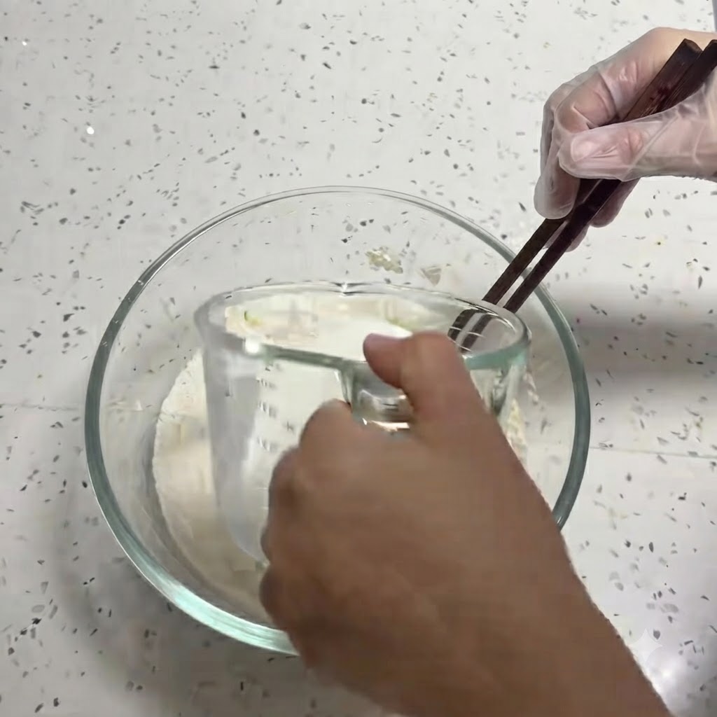 Il latte viene versato da un misurino trasparente in una ciotola di vetro piena del composto di farina.