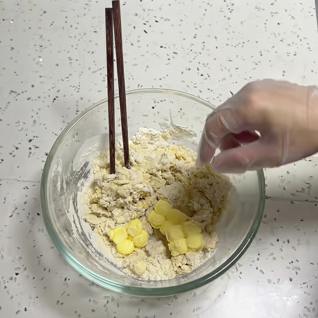 Pezzetti di burro giallo aggiunti sopra un impasto grezzo e mescolato allinterno di una ciotola di vetro.
