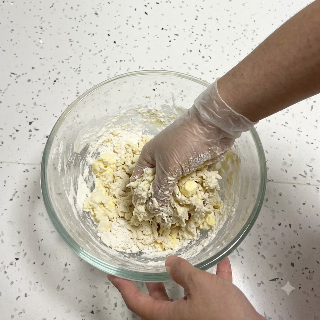 Una mano con un guanto di plastica impasta limpasto appiccicoso e il burro in una ciotola di vetro.