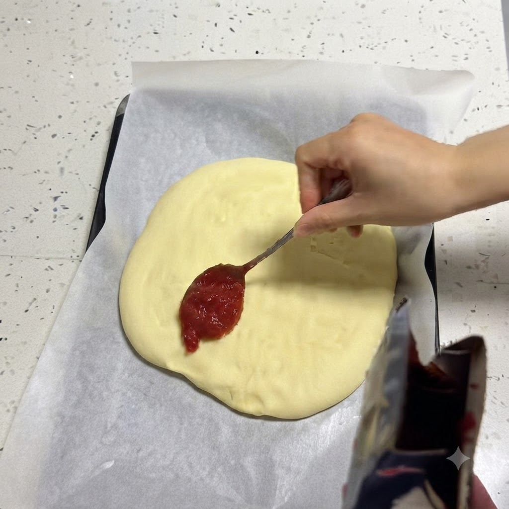Una mano usa un cucchiaio per spalmare della salsa per pizza rossa su una base di pizza parzialmente cotta.