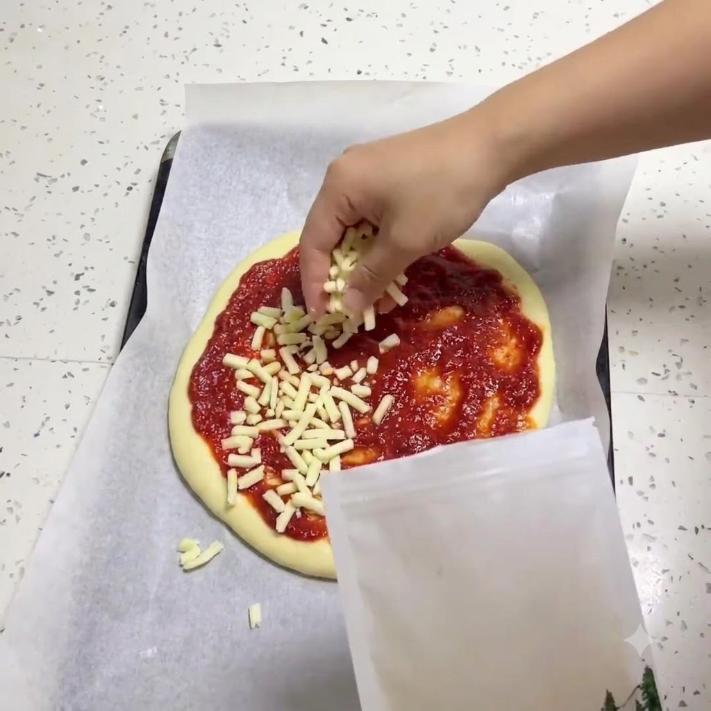 Una mano cosparge mozzarella grattugiata da un sacchetto su una base di pizza ricoperta di salsa rossa.