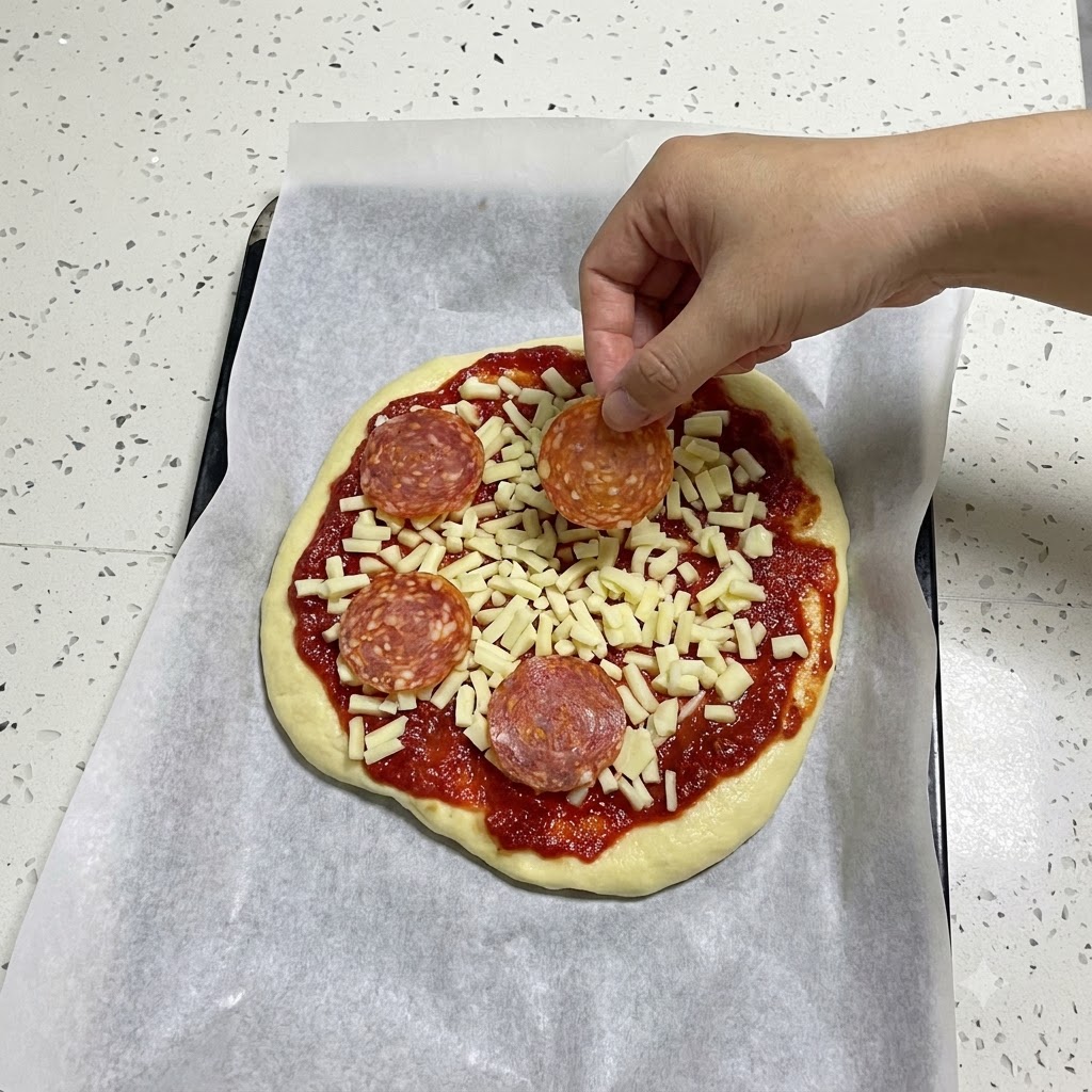 Una mano posiziona fette rotonde di salame su una pizza cruda coperta di salsa e formaggio grattugiato.