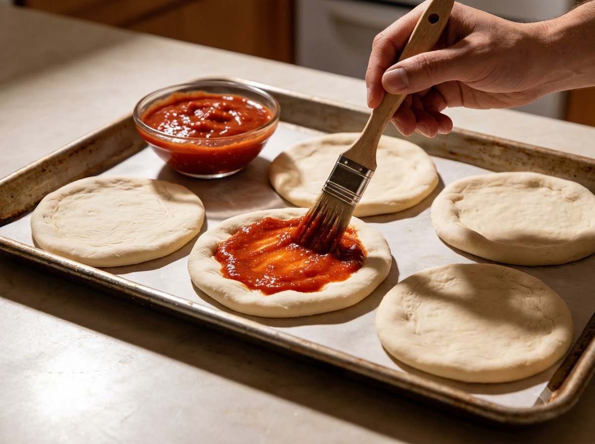 Dischi di pasta per pizza appiattiti su una teglia da forno spennellati con concentrato di pomodoro rosso.