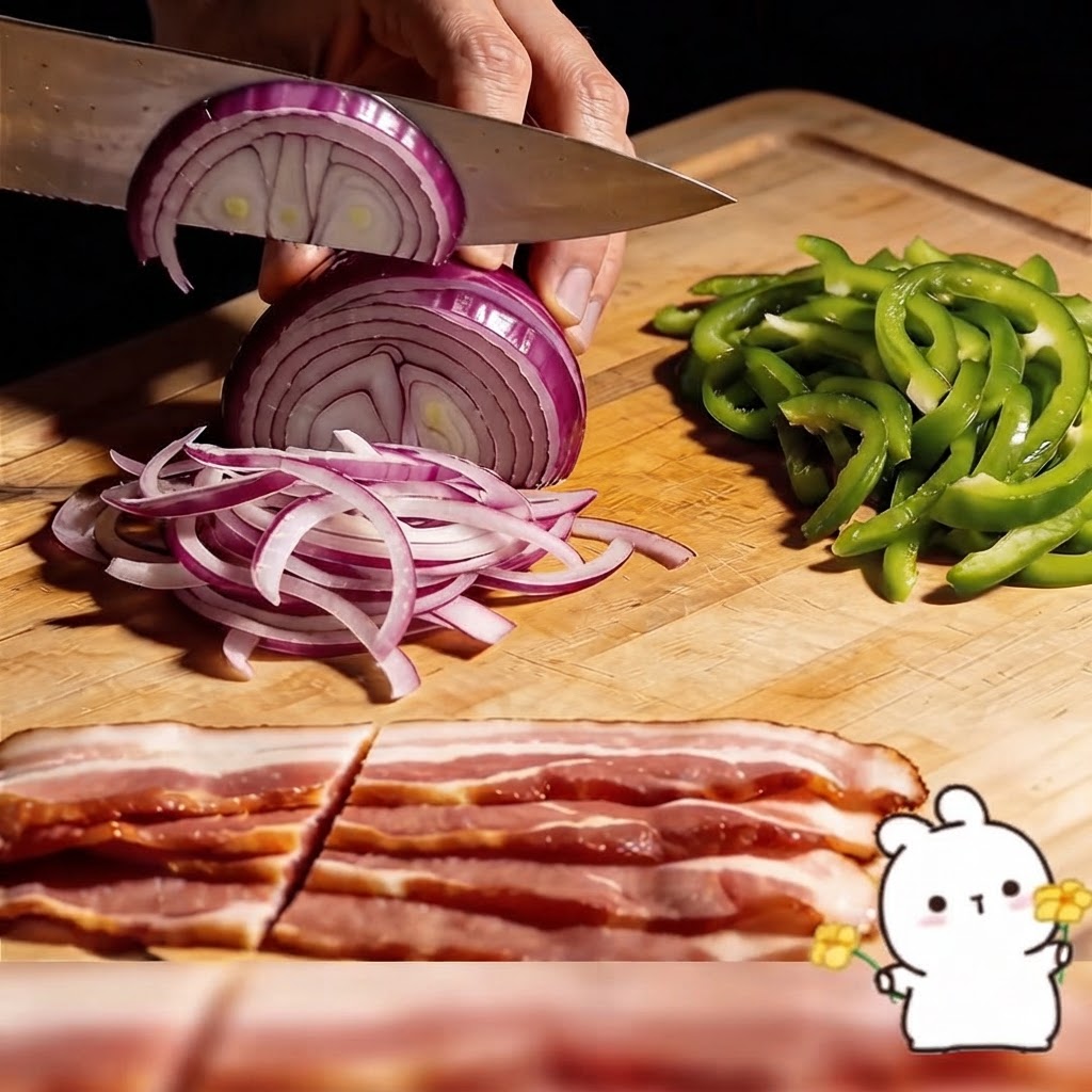 Cipolle rosse tagliate a fette sottili e strisce di peperone verde su un tagliere accanto a strisce di bacon.