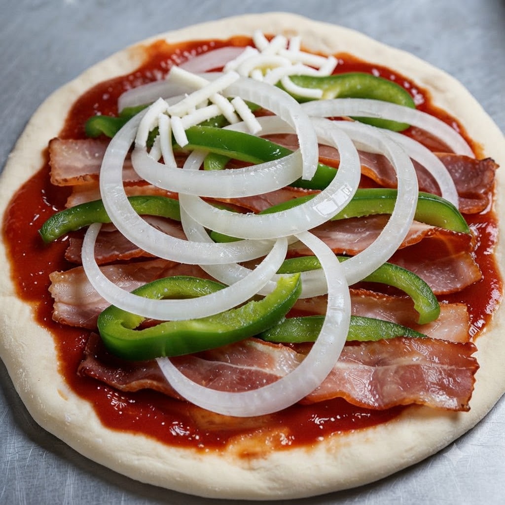 Una base per pizza stratificata con salsa di pomodoro, bacon, fette di cipolla, peperone verde e mozzarella.