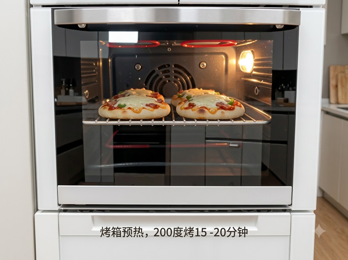 Due piccole pizze in cottura allinterno di un forno caldo e preriscaldato con elementi riscaldanti visibili.