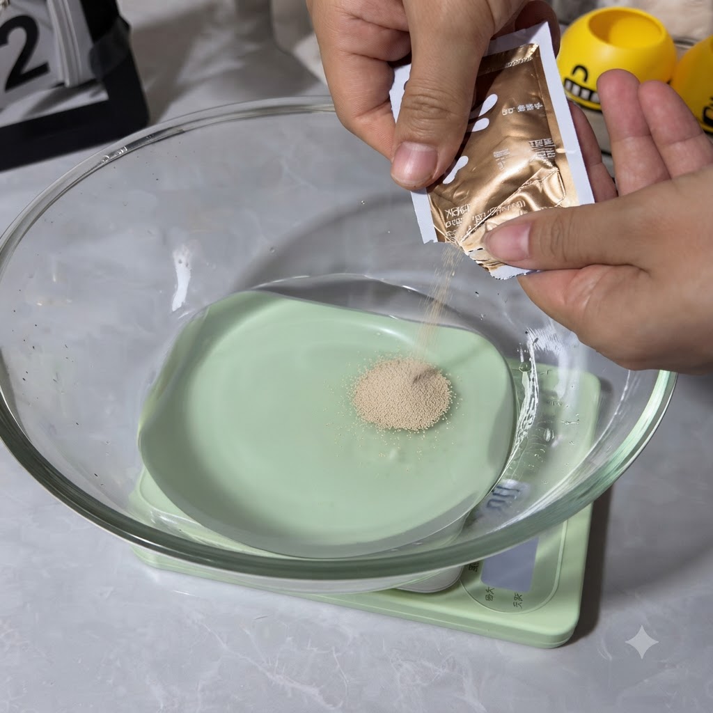 Lievito secco versato da una bustina in una ciotola di vetro contenente acqua fredda sopra una bilancia digitale.