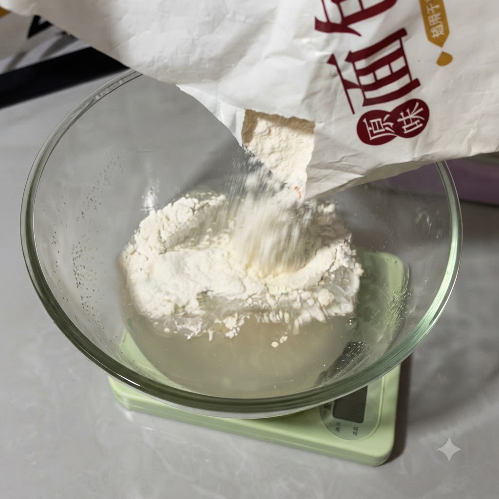 Farina bianca per pane versata da un sacchetto nella ciotola di vetro con la miscela di acqua e lievito.
