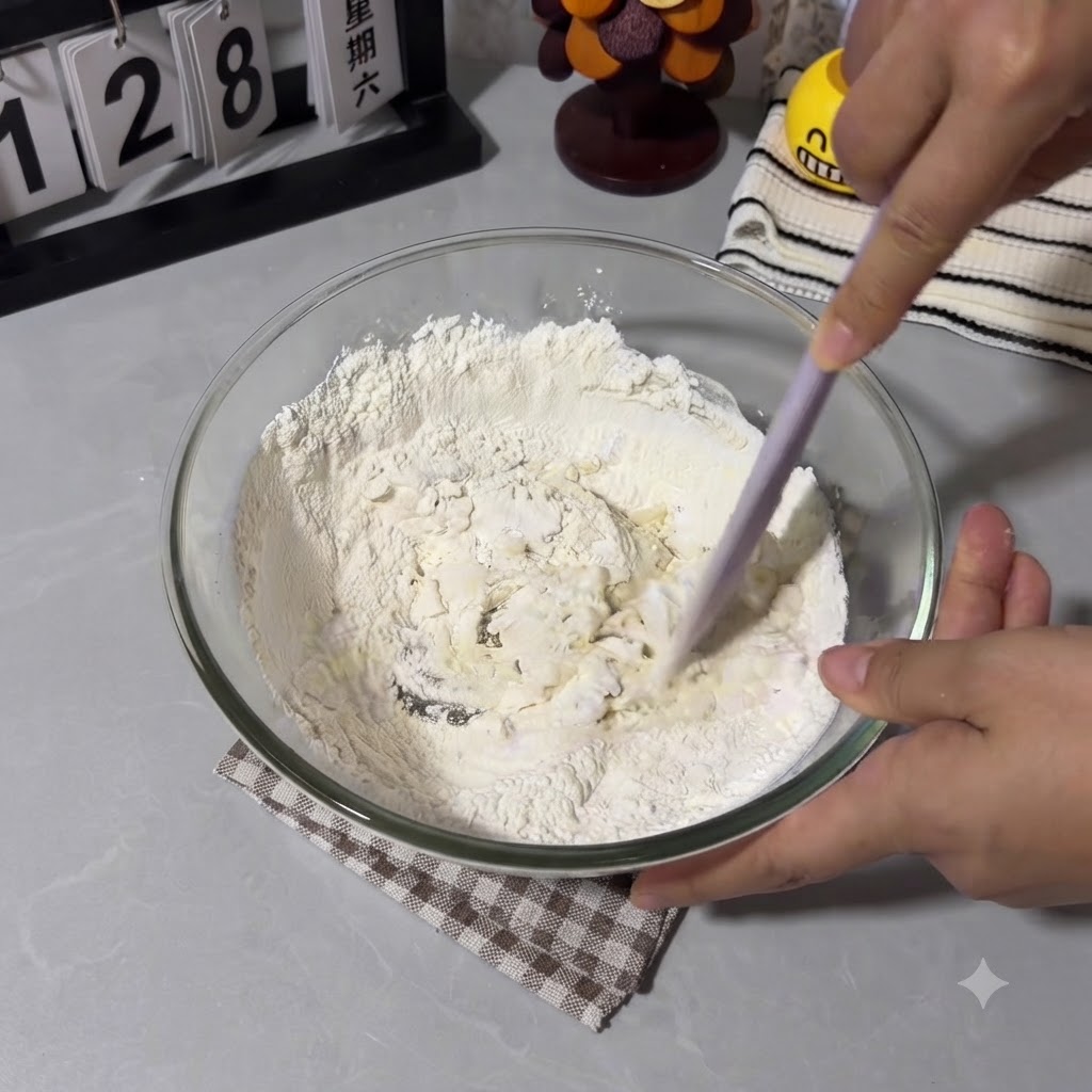 Una mano usa una spatola in silicone viola per mescolare farina e acqua formando un impasto grezzo dentro una ciotola di vetro.