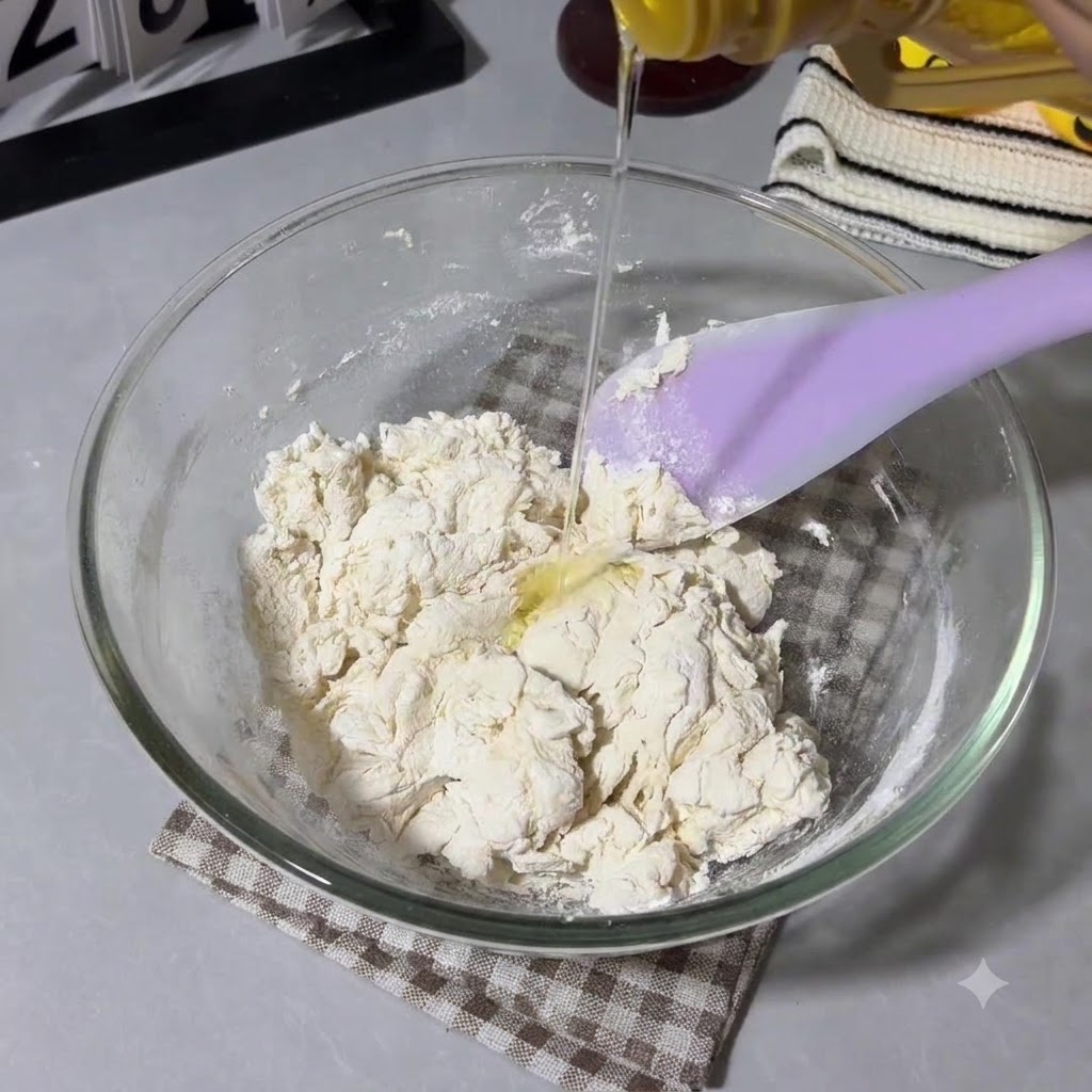Olio di mais versato da una bottiglia sullimpasto grezzo nella ciotola di vetro accanto a una spatola.