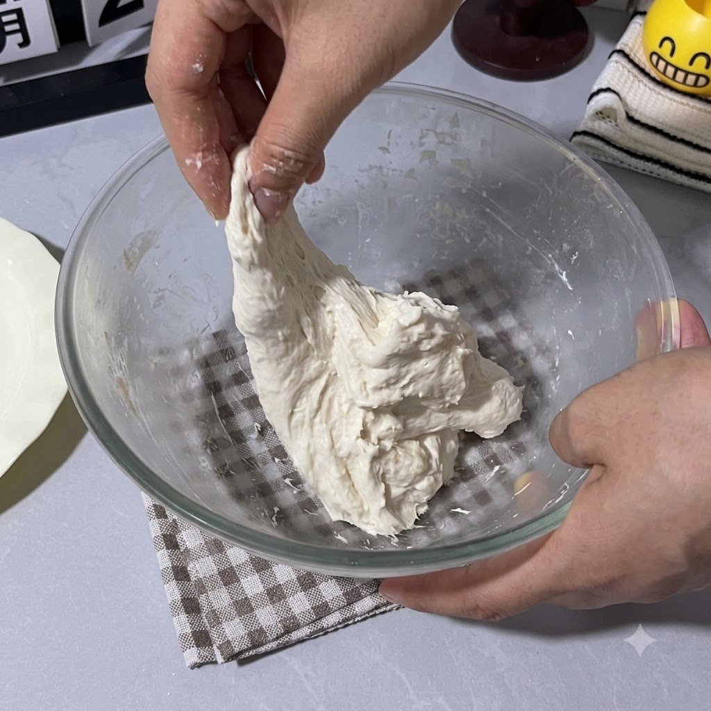 Una mano tira e piega limpasto appiccicoso verso lalto allinterno della ciotola di vetro.