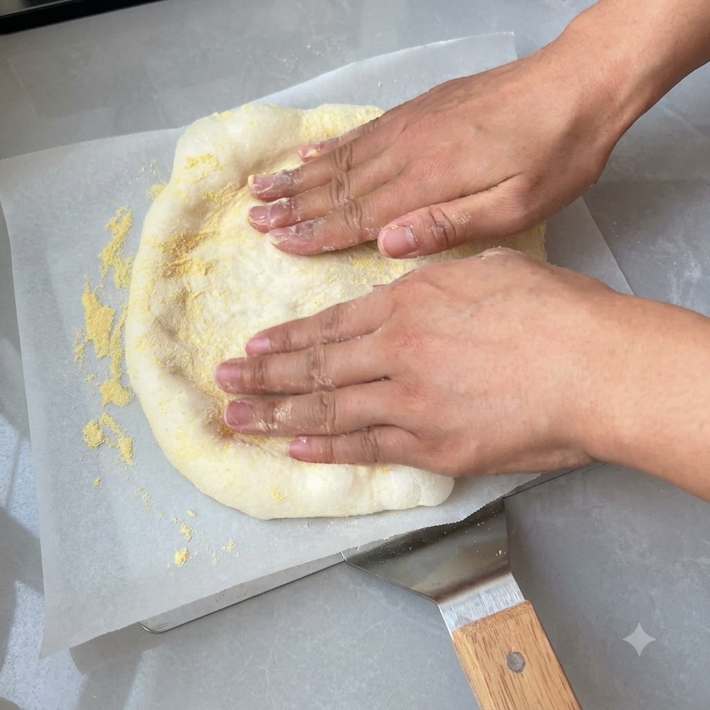 Mani che premono e stendono limpasto della pizza in una forma circolare su carta da forno spolverata con farina di mais.