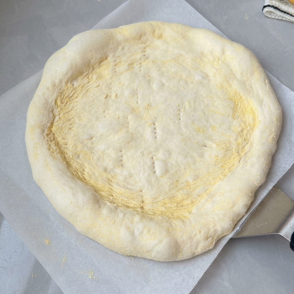 Impasto della pizza appiattito su carta da forno con piccoli fori fatti con la forchetta su tutta la superficie.