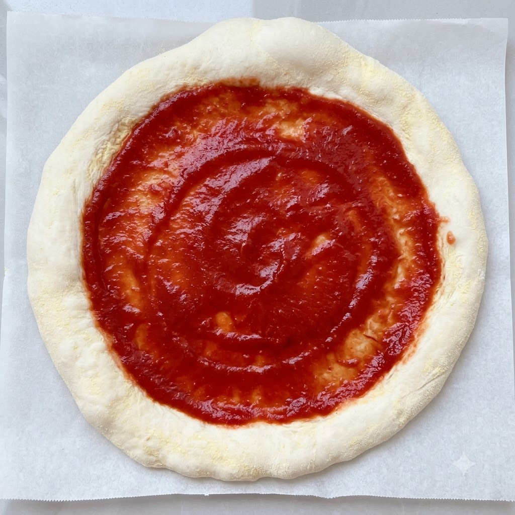 Salsa di pomodoro rossa spalmata con un movimento a spirale circolare al centro dellimpasto crudo della pizza.
