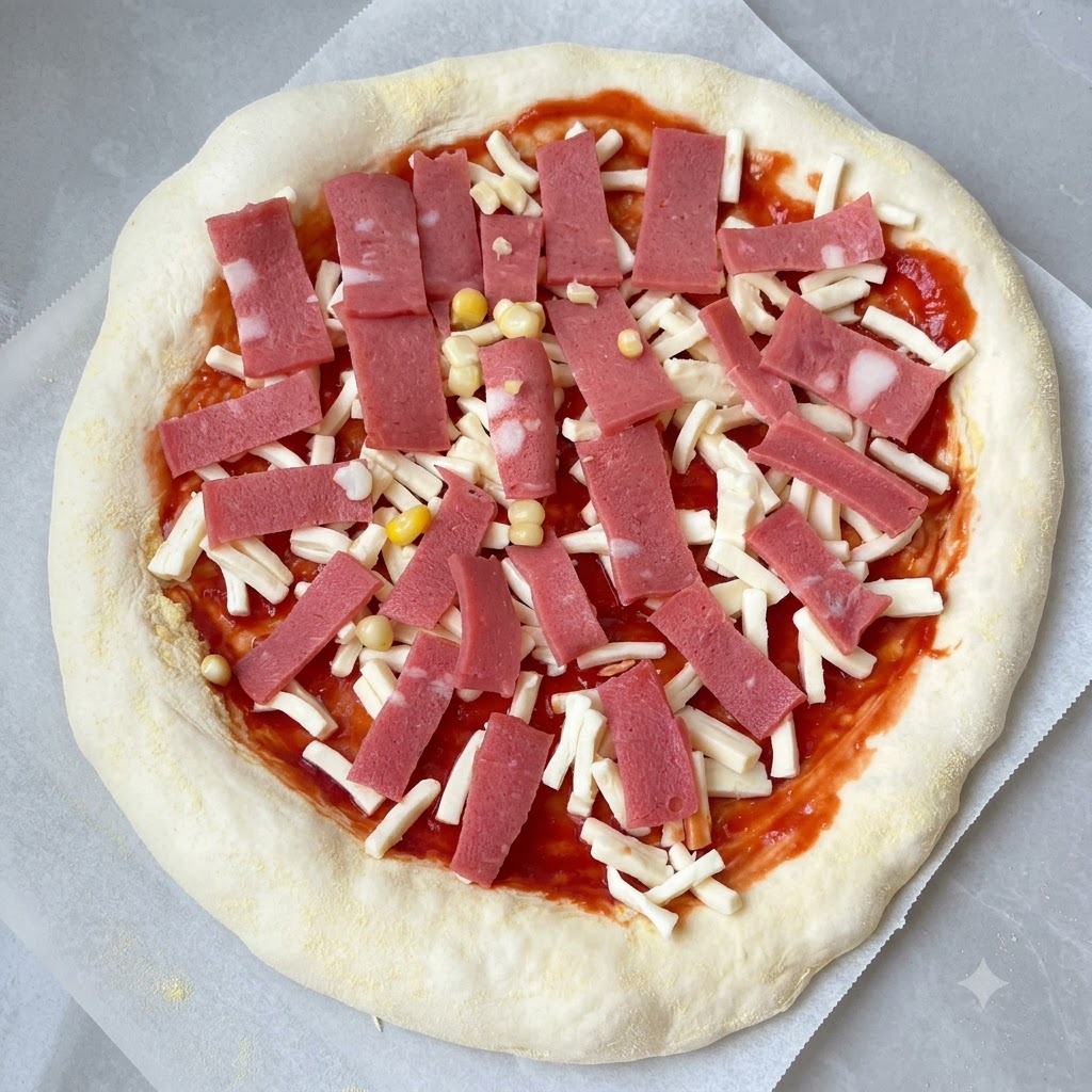 Base cruda per pizza farcita con salsa di pomodoro, formaggio grattugiato, pancetta tritata e chicchi di mais.