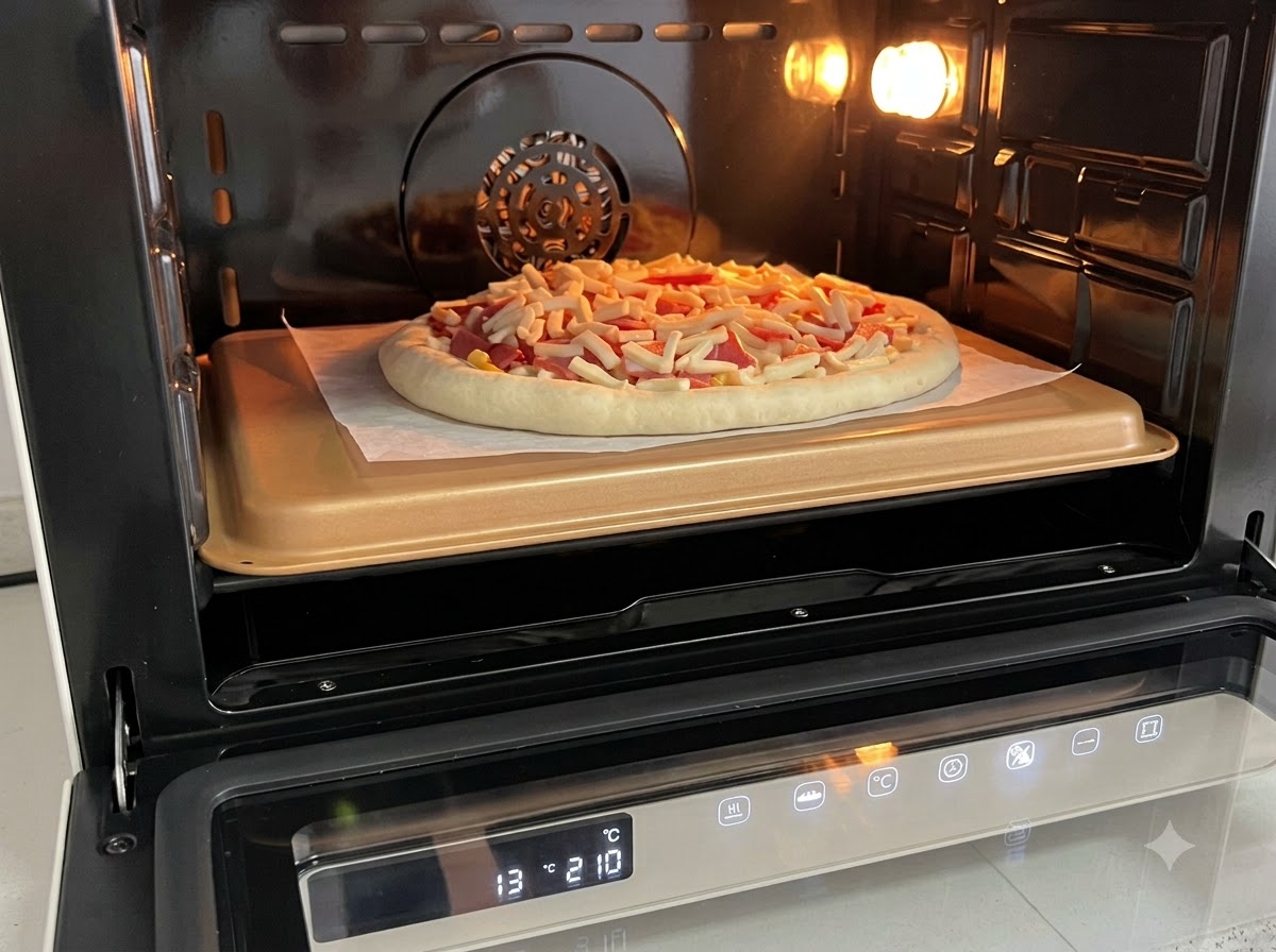 Pizza cruda completamente assemblata su una teglia dorata allinterno di un forno illuminato e preriscaldato.