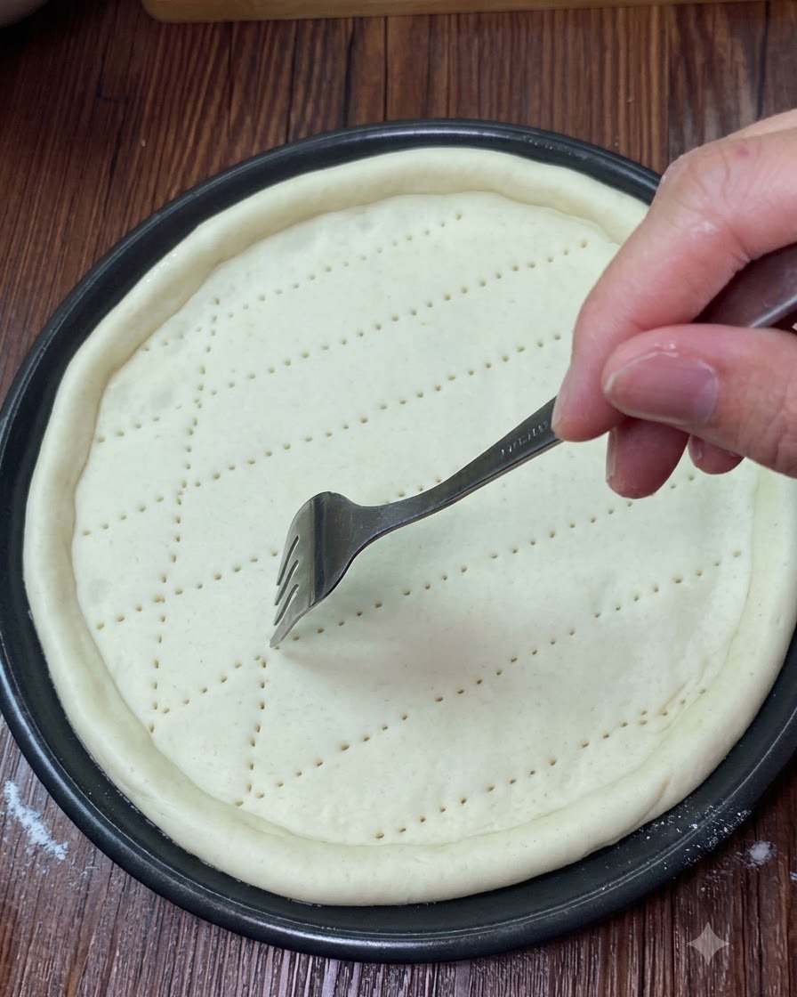 Un cucchiaio che distribuisce la salsa sulla superficie bucherellata della pizza.