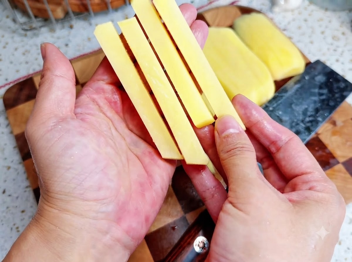 Mani che avvolgono con cura una fetta di bacon crudo intorno a un bastoncino di patata gialla su un tagliere di legno.