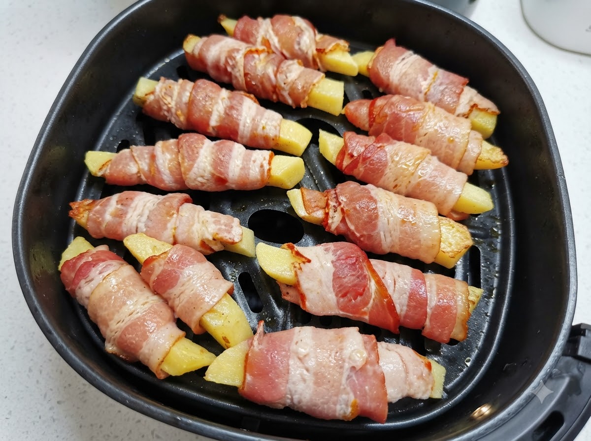 Patate avvolte nel bacon disposte nel cestello di una friggitrice ad aria mentre vengono spruzzate con olio da una bottiglia bianca.