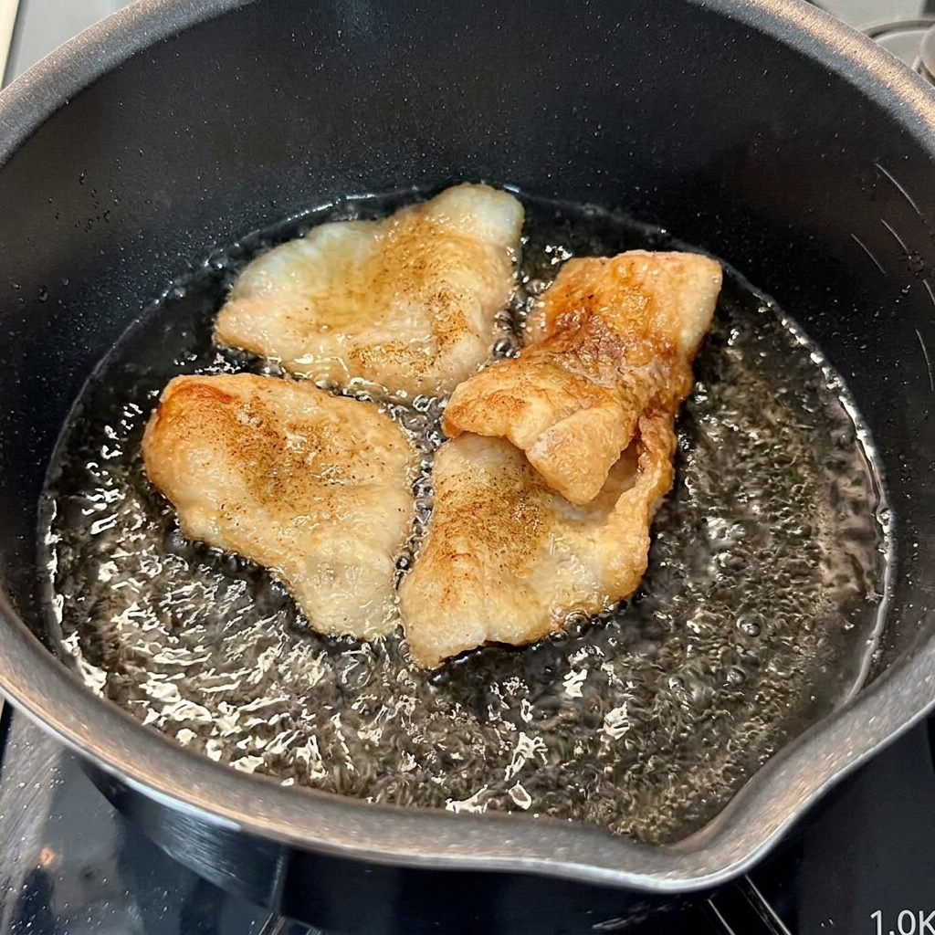 Condimenti liquidi che si mescolano allacqua bollente e alla pancetta di maiale nella pentola.
