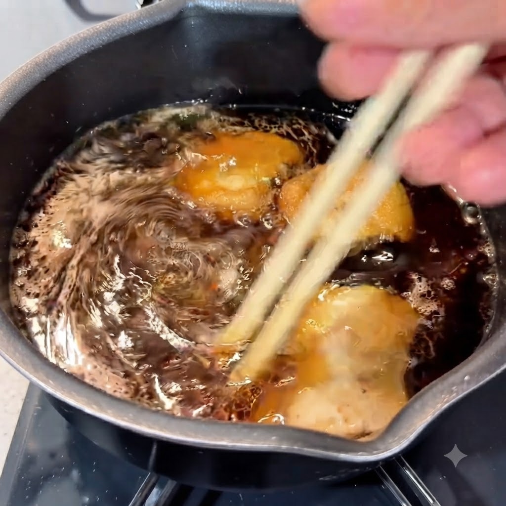 Noodles da ramen cotti e pancetta di maiale mescolati nel brodo della zuppa bollente usando bacchette di legno.