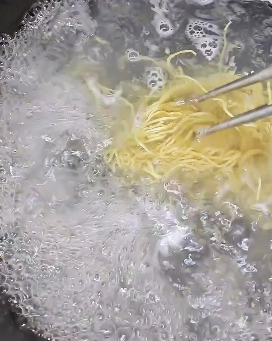 Noodles di bambù in cottura in una pentola di acqua bollente vigorosamente.