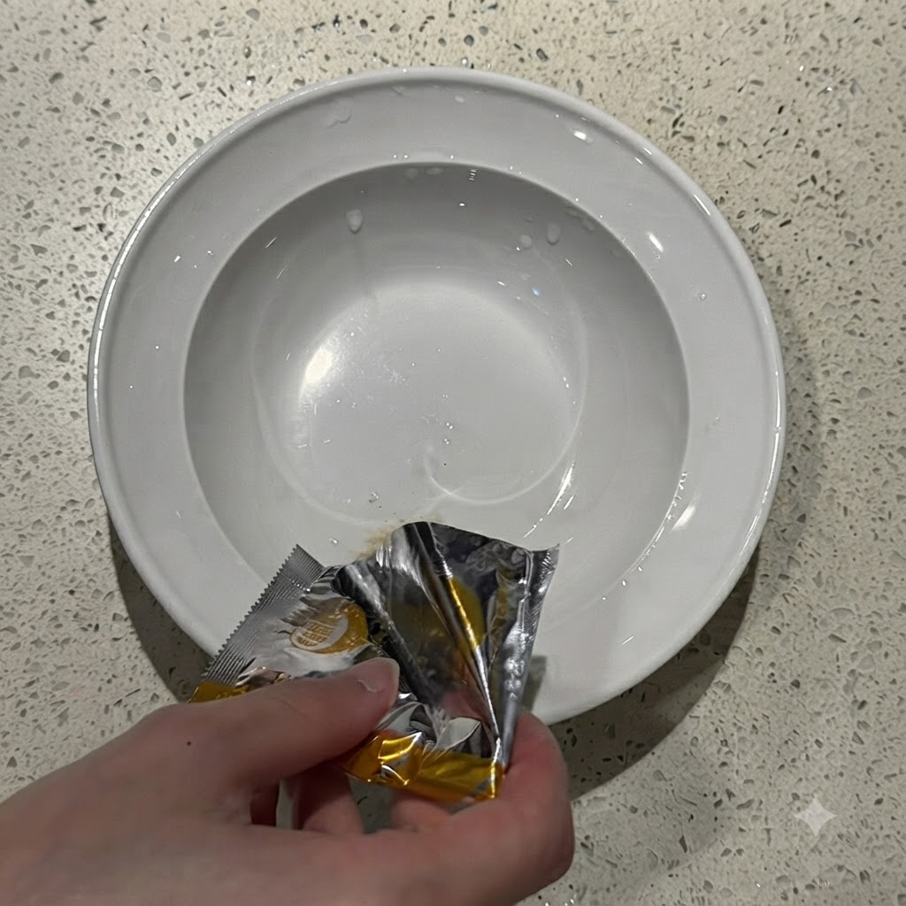 Polvere di condimento per ramen istantaneo versata da una bustina argentata sul fondo di una ciotola di ceramica bianca.