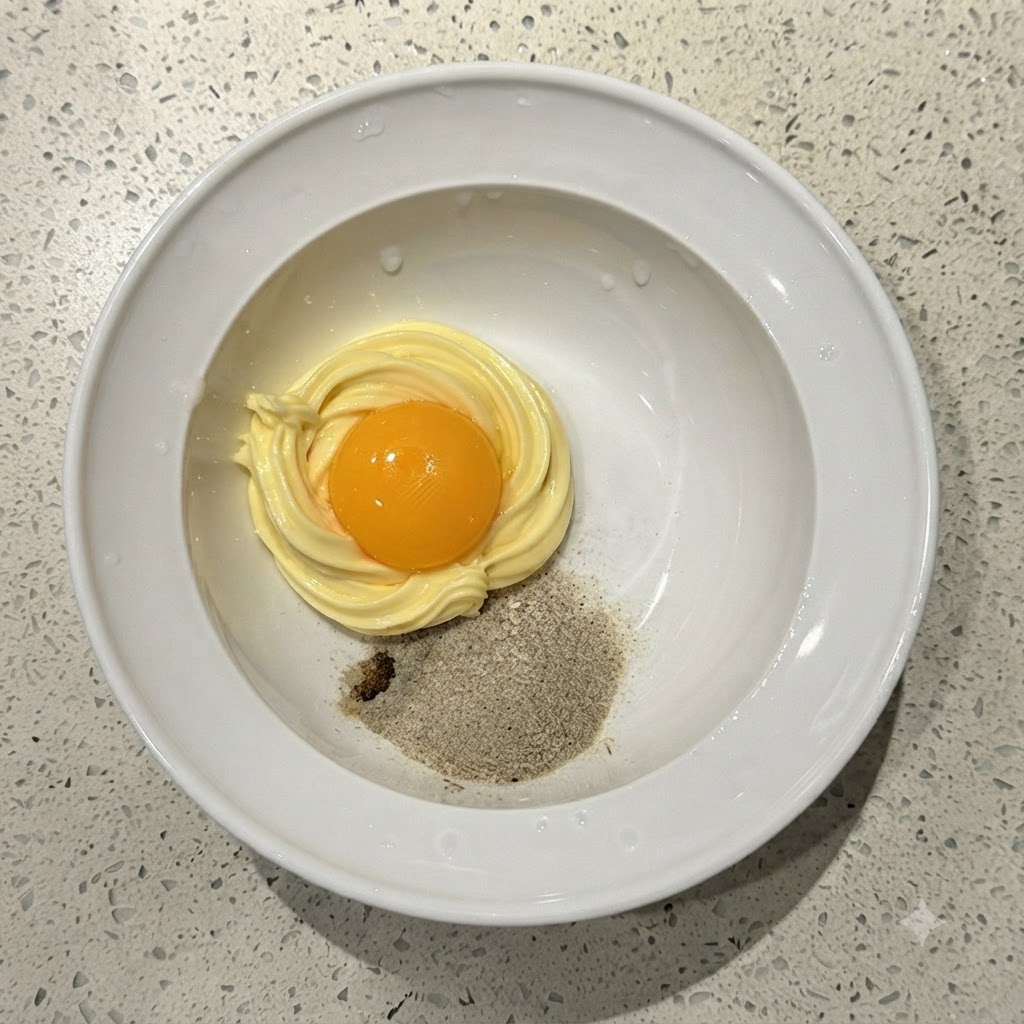 Un vivace tuorlo duovo giallo adagiato sopra una spirale di maionese e condimento in polvere in una ciotola bianca.