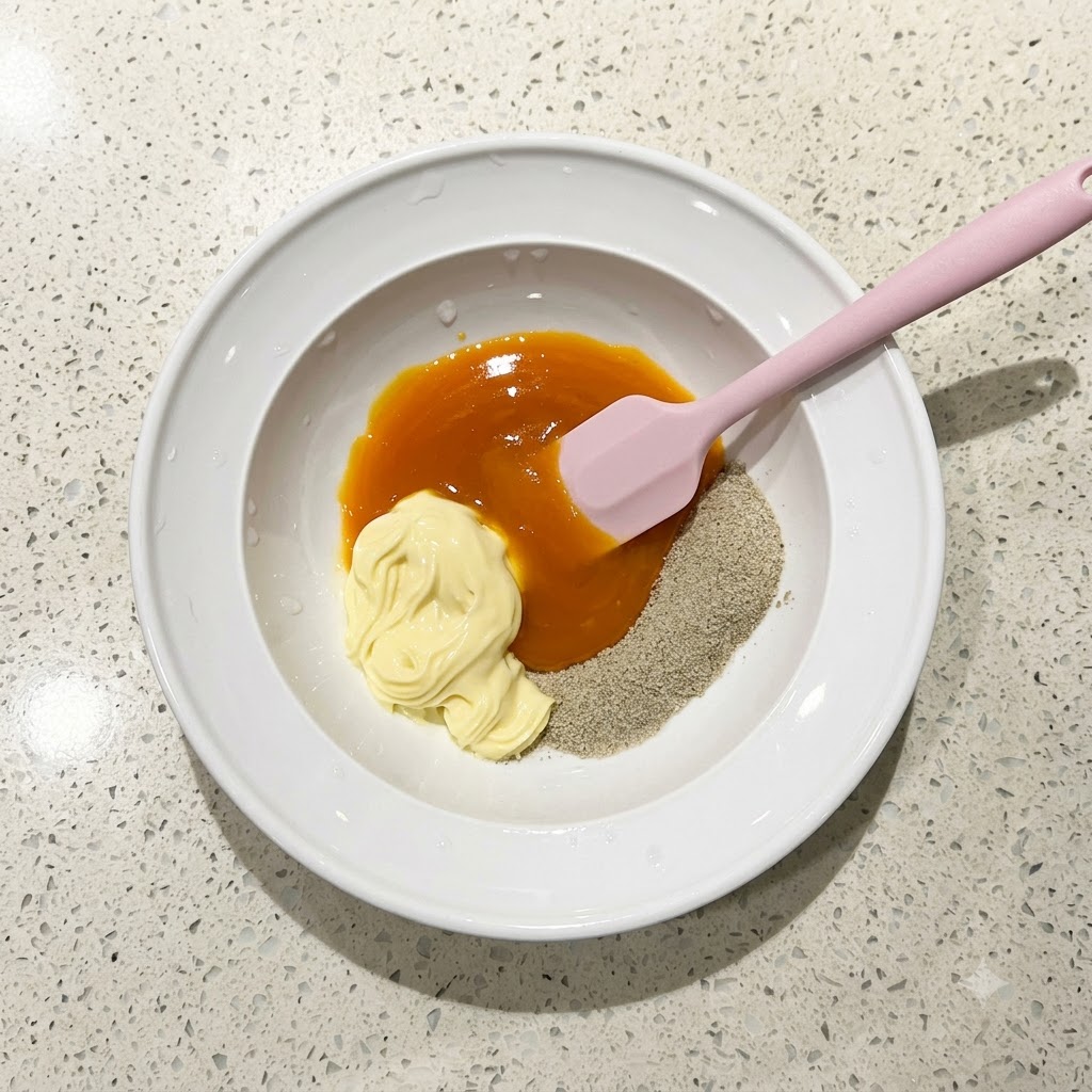 Una spatola in silicone rosa che amalgama il condimento, la maionese e il tuorlo duovo in una salsa arancione liscia dentro una ciotola bianca.