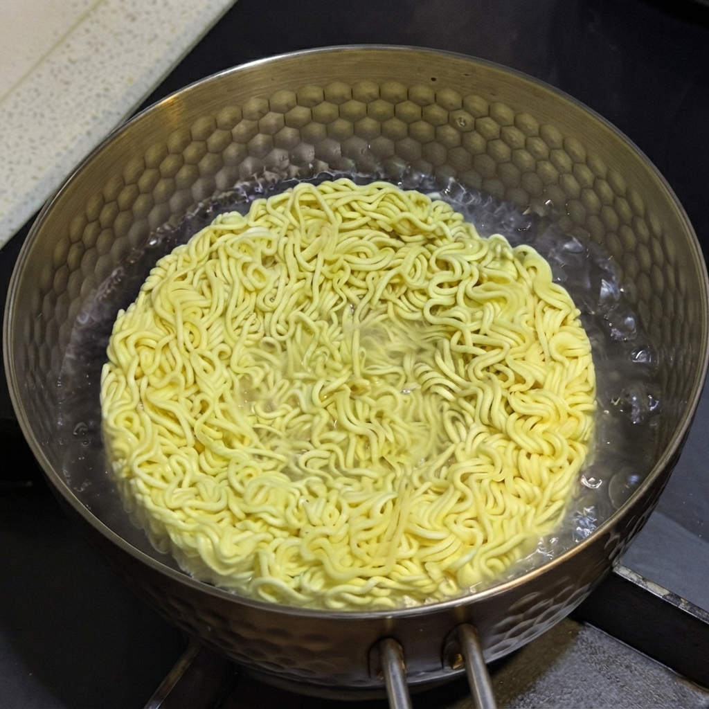 Un panetto di noodle di ramen istantaneo giallo che bolle nellacqua dentro una pentola di metallo decorata sul fuoco.