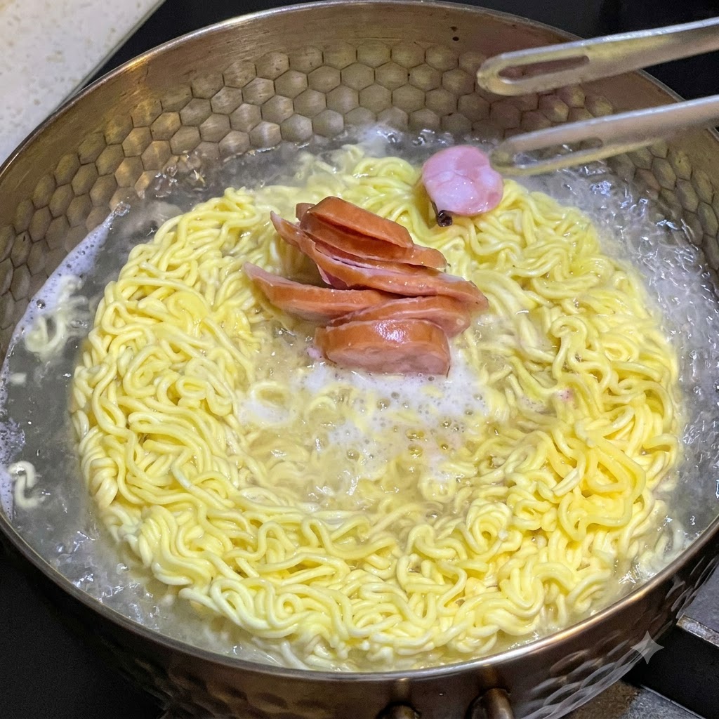 Fette di wurstel e un pezzetto di torta di pesce posizionati con pinze di metallo in una pentola di noodle di ramen istantaneo bollenti.
