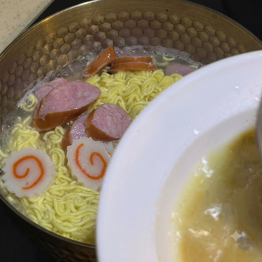 Un mestolo che raccoglie il brodo caldo dalla pentola di cottura verso una ciotola bianca con la salsa.
