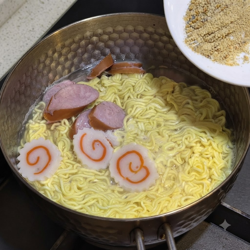 Condimento e salsa mista versati da un piatto bianco nella pentola di noodle bollenti.