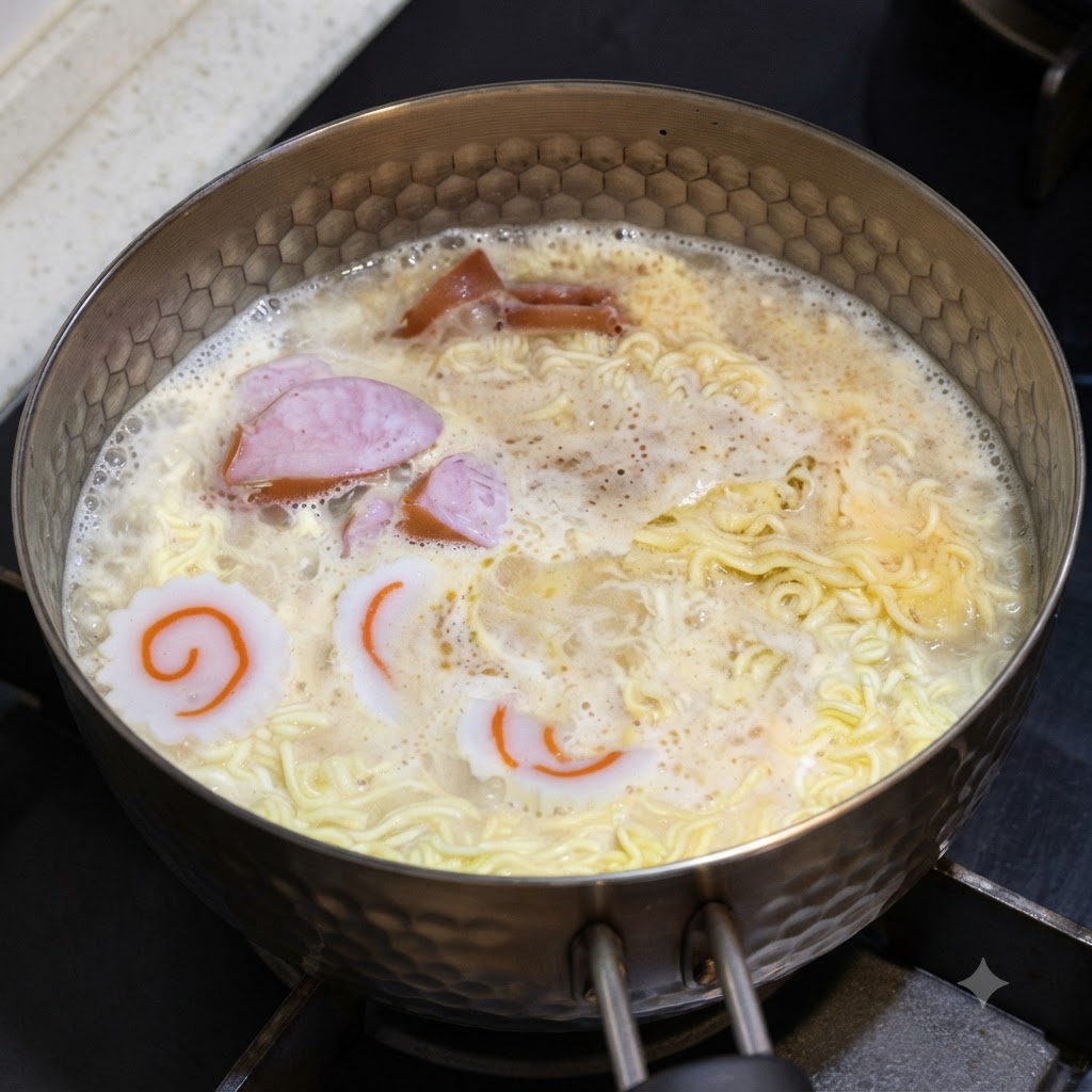 Albume duovo versato nella pentola di noodle e wurstel in ebollizione.