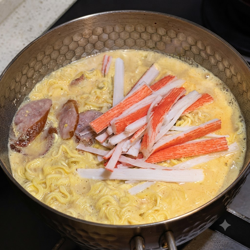 Bastoncini di surimi sfilacciati sparsi sopra i noodle in ebollizione nella pentola.