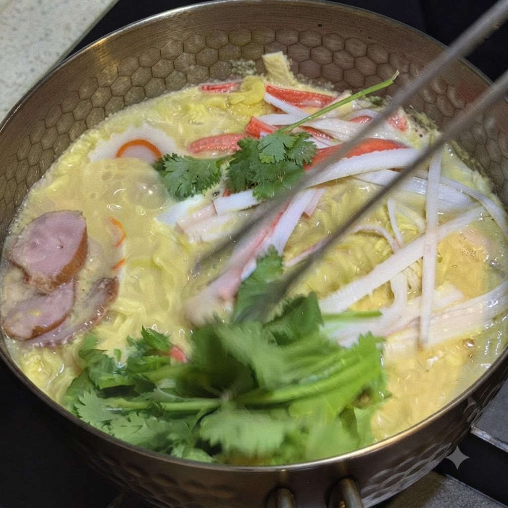 Coriandolo fresco posizionato sopra i noodle di ramen cotti usando delle pinze.