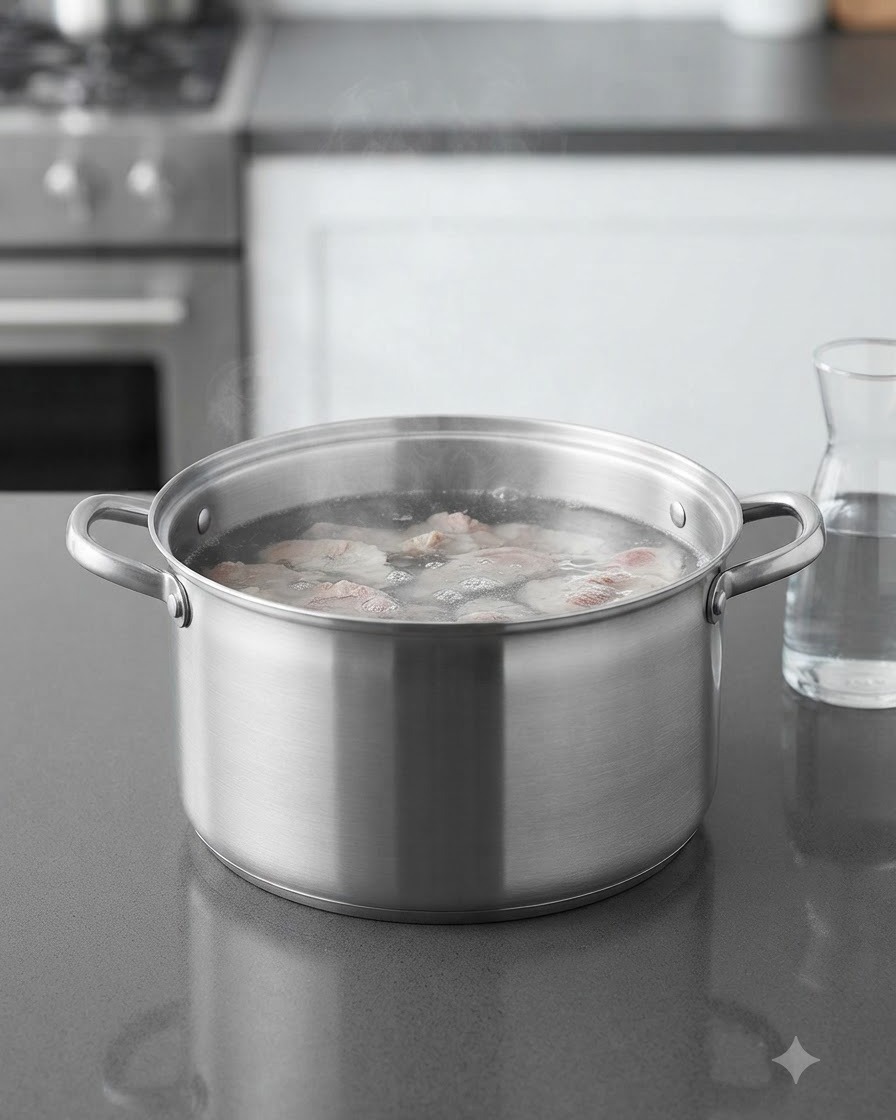 Acqua filtrata versata in una grande pentola di brodo piena di ossa di maiale.