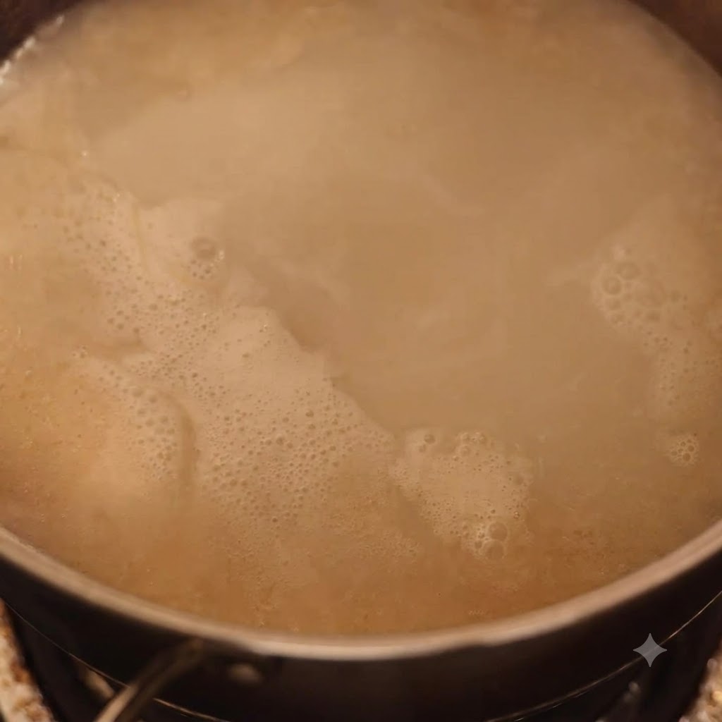Carne schiacciata mescolata in una pentola di brodo tonkotsu in ebollizione.