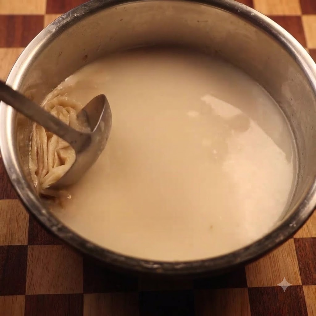Un mestolo che rimuove un sottile strato di olio dalla cima di una zuppa di ossa di maiale bianco latte in una pentola di metallo.