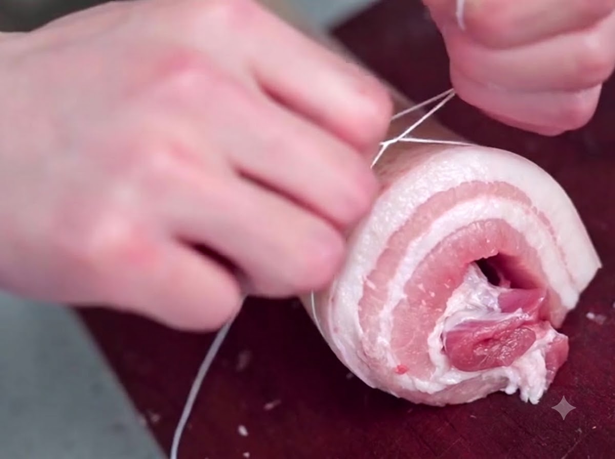 Due mani che avvolgono strettamente dello spago da cucina attorno a un pezzo di pancetta di maiale cruda arrotolata.