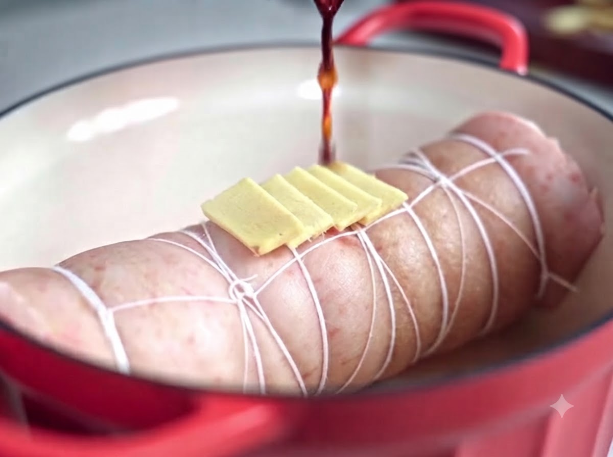 Una marinatura liquida scura versata dallalto su un rotolo di pancetta di maiale legato guarnito con fette di zenzero allinterno di una pentola.