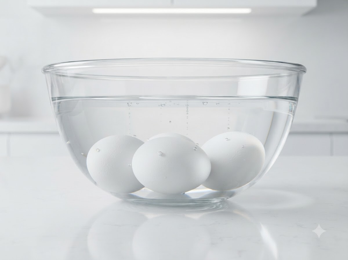 Tre uova sode immerse in una ciotola di vetro trasparente piena di acqua fredda e ghiaccio.