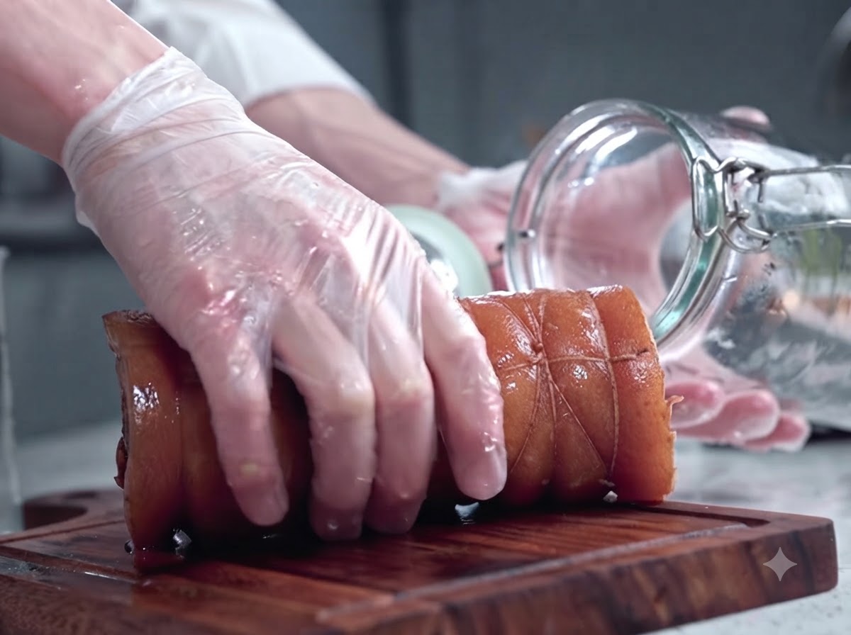 Mani con i guanti che trasferiscono un rotolo di pancetta di maiale cotto e legato in un grande barattolo di vetro trasparente su un tagliere di legno.